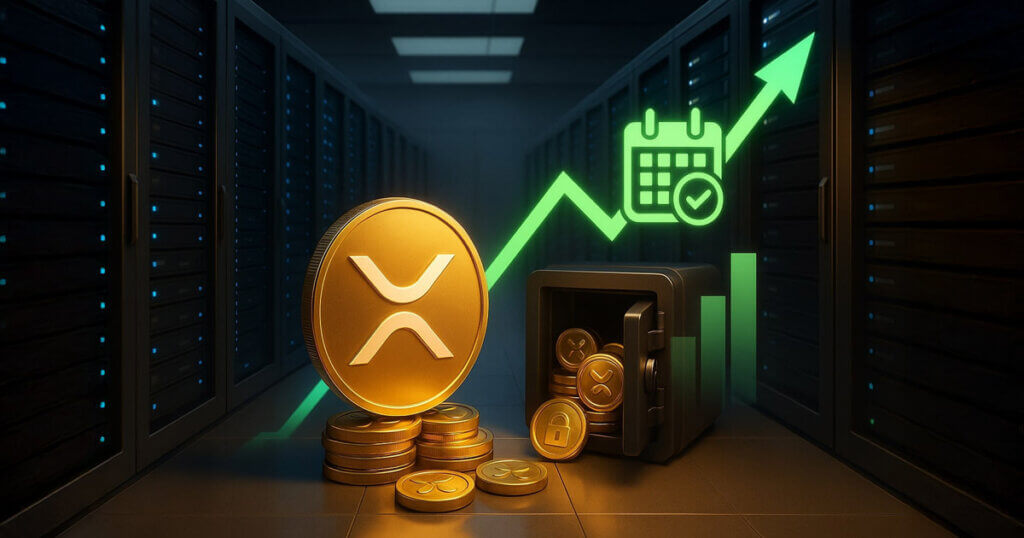 A large XRP coin is shown beside a vault and rising chart, symbolizing whale accumulation and expectations of a potential rally toward $4 - Cover art/illustration via CryptoSlate.