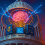 A glowing brain is depicted inside the U.S. Capitol dome, symbolizing the fusion of AI, crypto, and politics with lightning connections and blockchain icons - Cover art/illustration via CryptoSlate. Image includes combined content which may include AI-generated content