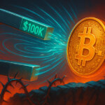 A glowing Bitcoin coin is pulled by a large magnet marked "$100K," symbolizing traders’ bets on a major price move - Cover art/illustration via CryptoSlate. Image includes combined content which may include AI-generated content
