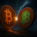 Two massive coins collide in a storm, one glowing orange with the Bitcoin logo and the other bearing a green Celtic-styled "B," as sparks and lightning explode from their clash.