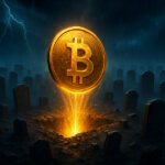 A luminous Bitcoin coin rises from a misty graveyard of blank tombstones under a stormy indigo sky, its golden glow cutting through rain and fog in a dramatic - Credit: CryptoSlate