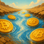 Bitcoin coins are illustrated as flowing through a riverbed surrounded by dry cracked earth, symbolizing renewed inflows after a streak of outflows - Cover art/illustration via CryptoSlate. Image includes combined content which may include AI-generated content