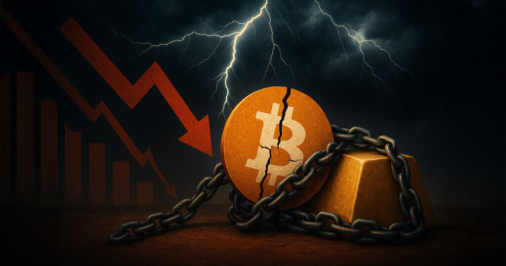A cracked Bitcoin coin and gold bar wrapped in heavy chains beneath a stormy, lightning-lit sky.