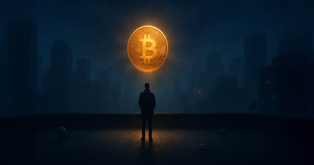 A lone figure stands on a rooftop at night, gazing at a glowing golden Bitcoin suspended in the sky above a silent, shadowy city.