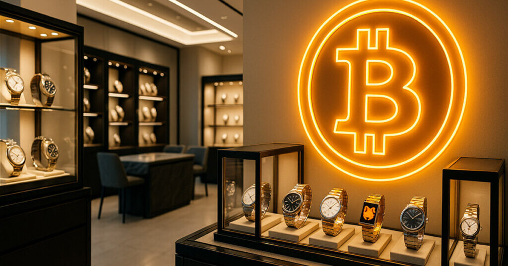 A display of luxury watches is shown in a store featuring a glowing Bitcoin symbol on the wall - Cover art/illustration via CryptoSlate
