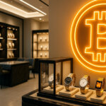 A display of luxury watches is shown in a store featuring a glowing Bitcoin symbol on the wall - Cover art/illustration via CryptoSlate