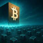 A large glowing Bitcoin block stands at the center of interconnected cubes, symbolizing blockchain activity and daily transaction flows - Cover art/illustration via CryptoSlate. Image includes combined content which may include AI-generated content