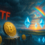 Bitcoin coins appear under storm clouds beside the word "ETF," while glowing Ethereum symbols rise beneath a rainbow on the horizon - Cover art/illustration via CryptoSlate. Image includes combined content which may include AI-generated content