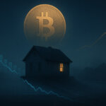 A glowing Bitcoin looms over a house as financial charts highlight real estate’s declining value when measured in BTC - Cover art/illustration via CryptoSlate. Image includes combined content which may include AI-generated content
