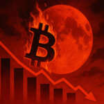 A burning Bitcoin symbol falls alongside a crashing red bar chart under a fiery blood moon in a stormy sky.