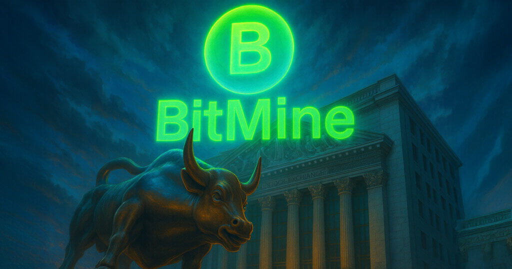 A glowing green BitMine logo appears above Wall Street’s charging bull, symbolizing the company’s surge into the top 20 trading volumes - Cover art/illustration via CryptoSlate. Image includes combined content which may include AI-generated content