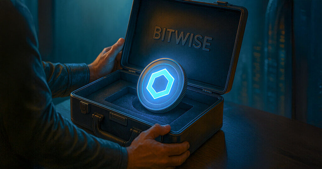 ChatGPT said: A glowing Chainlink token rests inside a Bitwise-branded case, symbolizing the firm’s filing for a Chainlink ETF - Cover art/illustration via CryptoSlate. Image includes combined content which may include AI-generated content