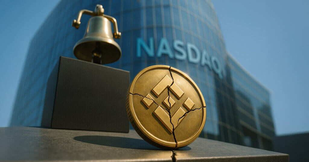 A cracked Binance coin stands before the Nasdaq building with a delisting bell in the background - Cover art/illustration via CryptoSlate. Image includes combined content which may include AI-generated content