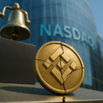 A cracked Binance coin stands before the Nasdaq building with a delisting bell in the background - Cover art/illustration via CryptoSlate. Image includes combined content which may include AI-generated content