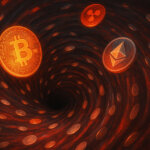 Bitcoin, Ethereum, and XRP are shown spiraling into a vortex, symbolizing major fund outflows from crypto investment products - Cover art/illustration via CryptoSlate. Image includes combined content which may include AI-generated content