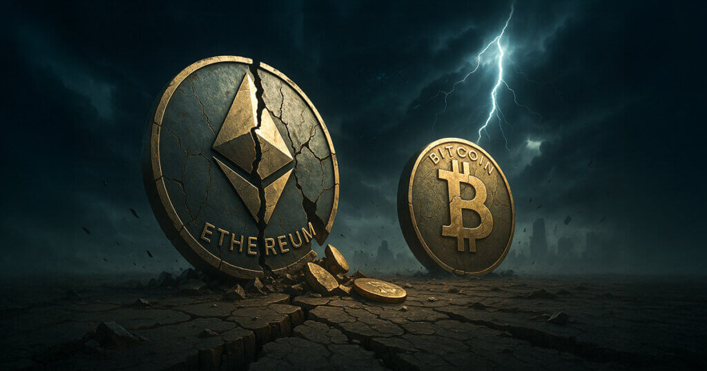 A large cracked Ethereum coin and a standing Bitcoin coin are shown under a stormy sky with lightning, symbolizing market declines - Cover art/illustration via CryptoSlate. Image includes combined content which may include AI-generated content