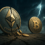 A large cracked Ethereum coin and a standing Bitcoin coin are shown under a stormy sky with lightning, symbolizing market declines - Cover art/illustration via CryptoSlate. Image includes combined content which may include AI-generated content