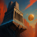 A futuristic skyscraper labeled “Crypto Treasury” balances on a cracked digital cliff against an abstract financial canyon backdrop - Cover art/illustration via CryptoSlate. Image includes combined content which may include AI-generated content