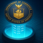 The U.S. Commerce Department seal is depicted above glowing percentages, symbolizing blockchain-based GDP statistics reporting - Cover art/illustration via CryptoSlate. Image includes combined content which may include AI-generated content