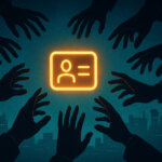 A glowing digital ID card is surrounded by reaching hands, symbolizing the privacy and security concerns of identity systems - Cover art/illustration via CryptoSlate. Image includes combined content which may include AI-generated content