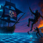 Navy commandos board a burning yacht as a ship with a Bitcoin skull flag sails under the moonlit sky - Cover art/illustration via CryptoSlate. Image includes combined content which may include AI-generated content
