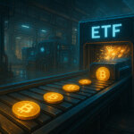 A conveyor belt of mined Bitcoin slows as ETFs rapidly scoop up tokens in a digital asset factory - Cover art/illustration via CryptoSlate. Image includes combined content which may include AI-generated content