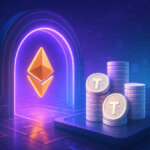 An Ethereum token passes through a DeFi portal and transforms into stacked stablecoins within a blockchain liquidity hub - Cover art/illustration via CryptoSlate. Image includes combined content which may include AI-generated content