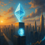 A glowing Ethereum symbol towers over a Bitcoin emblem in a city skyline as ETH surges past $4,500 on corporate and institutional demand – Cover art/illustration via CryptoSlate. Image includes combined content which may include AI-generated content