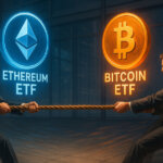 Two businessmen engage in a tug-of-war between Ethereum and Bitcoin ETFs, symbolizing market competition where Ethereum funds have recently outperformed - Cover art/illustration via CryptoSlate. Image includes combined content which may include AI-generated content