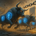 Charging bulls marked with Ethereum logos breaking chains beneath a sign labeled “Exit Queue,” symbolizing Ethereum’s $4.6 billion unstaking wave - Cover art/illustration via CryptoSlate. Image includes combined content which may include AI-generated content