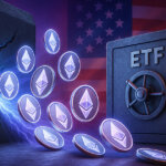 Ethereum coins flow toward an ETF vault against a U.S. flag backdrop - Cover art/illustration via CryptoSlate. Image includes combined content which may include AI-generated content