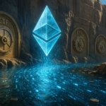 A glowing Ethereum symbol flows toward vaults labeled “ETF,” symbolizing record inflows and trading volumes for BlackRock’s Ethereum ETF – Cover art/illustration via CryptoSlate. Image includes combined content which may include AI-generated content