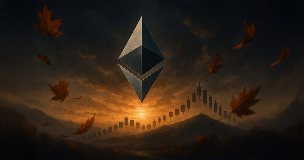 Centered Ethereum crystal hovers over a moody autumn landscape with stormy skies, falling leaves, and a subtly descending candlestick ridge at sunset, evoking cautious September vibe. Source: CryptoSlate