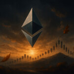 Centered Ethereum crystal hovers over a moody autumn landscape with stormy skies, falling leaves, and a subtly descending candlestick ridge at sunset, evoking cautious September vibe. Source: CryptoSlate
