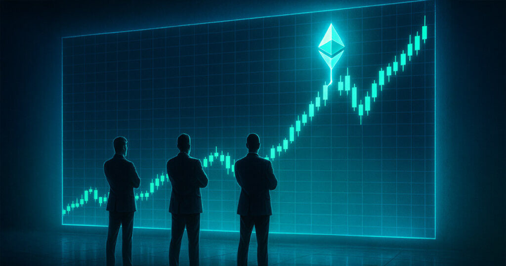 Three silhouetted figures stand before a glowing Ethereum chart showing a steep upward climb, symbolizing Ethereum’s record-breaking surge past $500 billion - Cover art/illustration via CryptoSlate. Image includes combined content which may include AI-generated content