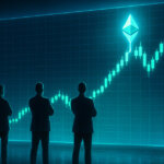 Three silhouetted figures stand before a glowing Ethereum chart showing a steep upward climb, symbolizing Ethereum’s record-breaking surge past $500 billion - Cover art/illustration via CryptoSlate. Image includes combined content which may include AI-generated content