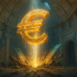 A glowing euro symbol rises inside a crumbling hall, representing Europe's digital euro initiative exploring Ethereum or Solana integration - Cover art/illustration via CryptoSlate. Image includes combined content which may include AI-generated content