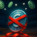A glowing euro coin bound in red regulatory tape sits inside the EU Parliament chamber as dollar coins float freely above - Cover art/illustration via CryptoSlate. Image includes combined content which may include AI-generated content