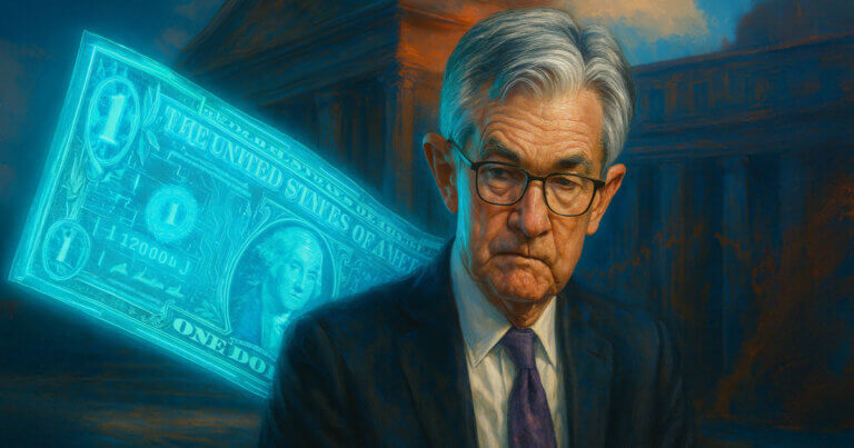 A digital illustration shows Federal Reserve Chair Jerome Powell with a glowing dollar bill backdrop, symbolizing policy debates on stablecoins - Cover art/illustration via CryptoSlate. Image includes combined content which may include AI-generated content