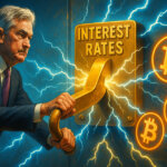 Jerome Powell is depicted pulling a giant lever labeled “Interest Rates,” with electricity sparking toward glowing Bitcoin symbols - Cover art/illustration via CryptoSlate