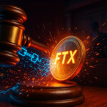 A wooden gavel strikes a glowing FTX coin, symbolizing legal action against the collapsed crypto exchange in a courtroom setting - Cover art/illustration via CryptoSlate