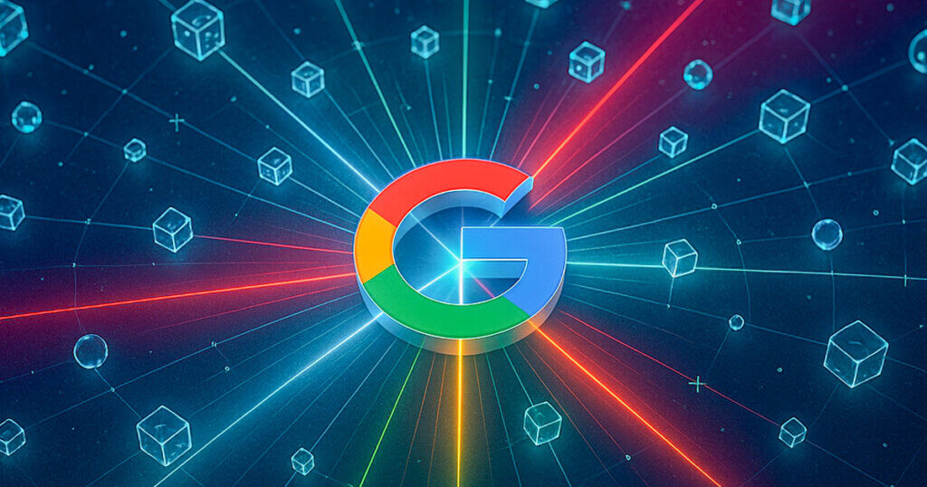 A glowing Google logo radiates across a digital network of blockchain cubes, symbolizing Google Cloud’s launch of its own layer 1 blockchain - Cover art/illustration via CryptoSlate. Image includes combined content which may include AI-generated content