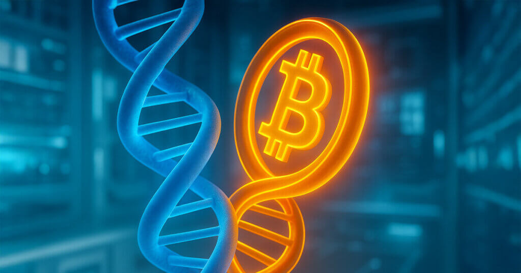 A DNA double helix intertwines with a glowing Bitcoin symbol, representing KindlyMD’s $5B equity plan to expand corporate Bitcoin reserves - Cover art/illustration via CryptoSlate. Image includes combined content which may include AI-generated content