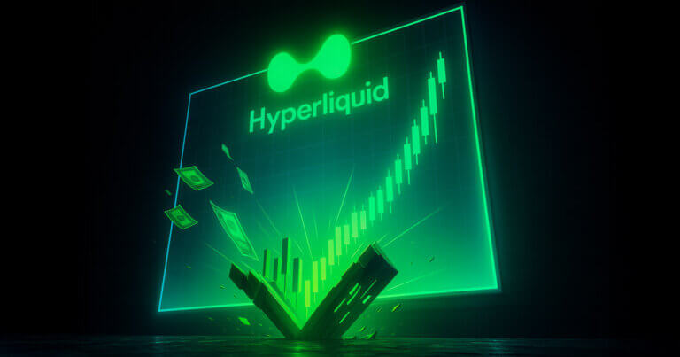 Hyperliquid’s logo above a glowing green price chart breaking upward with candlestick patterns, symbolizing the platform’s new all-time high despite manipulation concerns - Cover art/illustration via CryptoSlate. Image includes combined content which may include AI-generated content