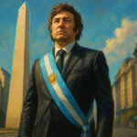 President Javier Milei is depicted in front of the Obelisk of Buenos Aires wearing Argentina’s presidential sash, symbolizing scrutiny amid the LIBRA scandal investigation - Cover art/illustration via CryptoSlate. Image includes combined content which may include AI-generated content