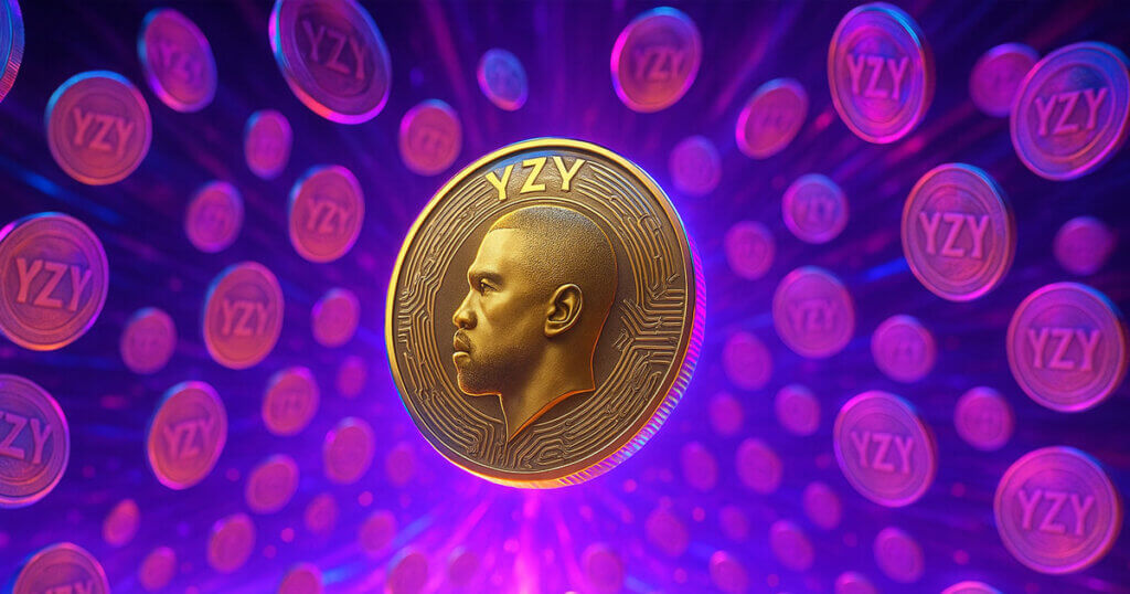 A glowing YZY token featuring Kanye West’s profile is surrounded by multiple coins, symbolizing the surge around his crypto project - Cover art/illustration via CryptoSlate. Image includes combined content which may include AI-generated content