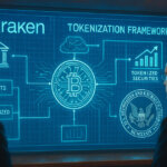Two people observe a digital board showing Kraken’s proposed tokenization framework with Bitcoin and SEC references - Cover art/illustration via CryptoSlate. Image includes combined content which may include AI-generated content