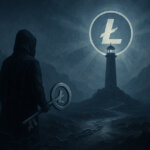 A hooded figure stands in a dark, misty landscape holding a key marked with the Litecoin symbol, gazing toward a distant lighthouse crowned by a radiant Litecoin emblem in the sky.