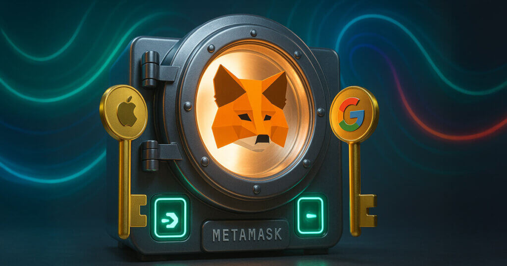 A digital vault illustration shows the MetaMask logo secured with keys branded with Google and Apple, symbolizing new social login wallet access - Cover art/illustration via CryptoSlate. Image includes combined content which may include AI-generated content
