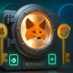 A digital vault illustration shows the MetaMask logo secured with keys branded with Google and Apple, symbolizing new social login wallet access - Cover art/illustration via CryptoSlate. Image includes combined content which may include AI-generated content